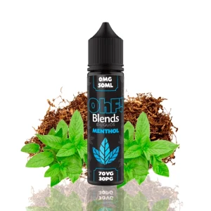 líquido vape de 50ml de sabor atabacado e mentol da marca ohf! e gama Blends.
